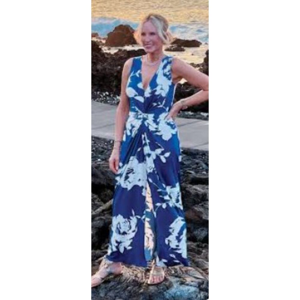 CLARA SUN WOO Crushed Silk Knit Center Slit Maxi Dress Sz M 12 Blue White Floral